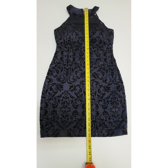 Honey & Rose Halter Mini Dress Party Cocktail Bodycon Floral Velvet Navy Blue - Picture 9 of 9